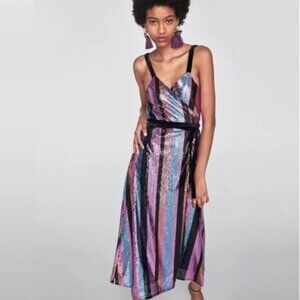 Zara NEW Sequin Stripe Velvet Strap Midi Wrap Cocktail Dress